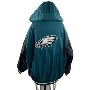 VINTAGE Reebok Philadelphia Eagles NFL Jacket Teal Black Hooded Snap Size XL